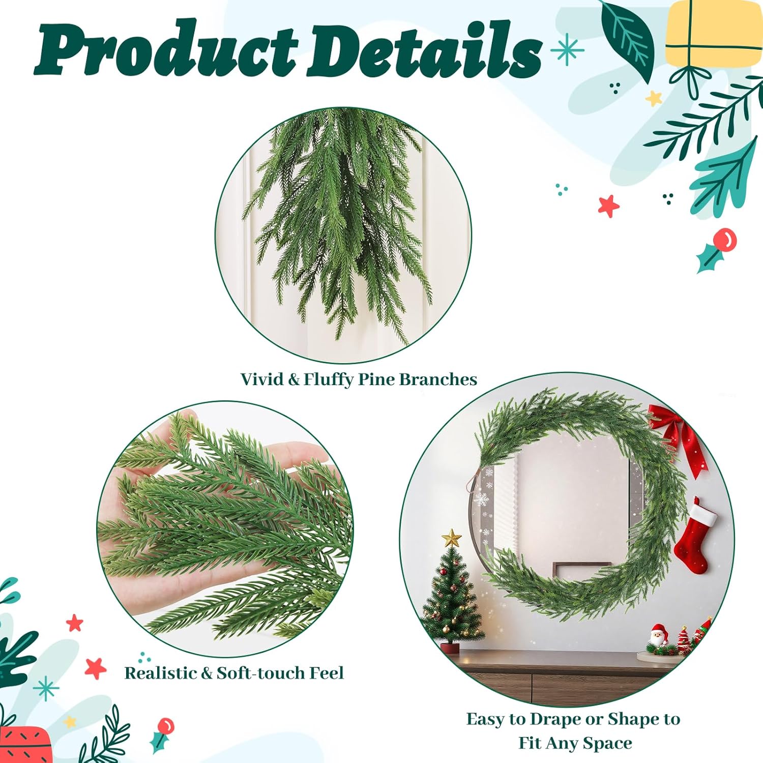 12FT（2 * 6FT） Christmas Norfolk Pine Garland, Real Touch Faux Green Garlands, Winter Artificial Greenery Garland for Mantle, Stairs, Table, Fireplace, Indoor & Outdoor Xmas Decorations