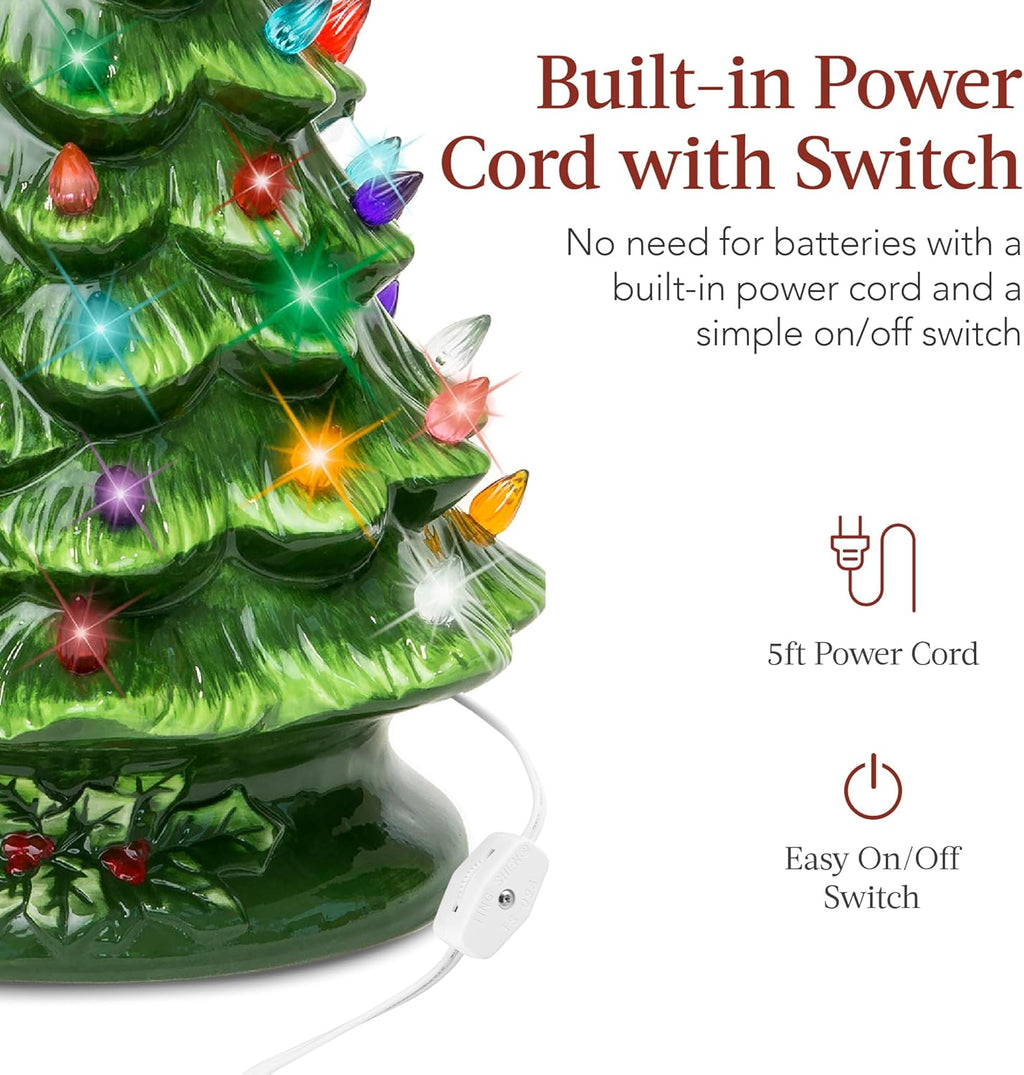 Best Choice Products 15in Ceramic Christmas Tree, Pre-lit Hand-Painted Tabletop Holiday Tree, Star Topper, 64 Lights - Green w/Multicolored Bulbs