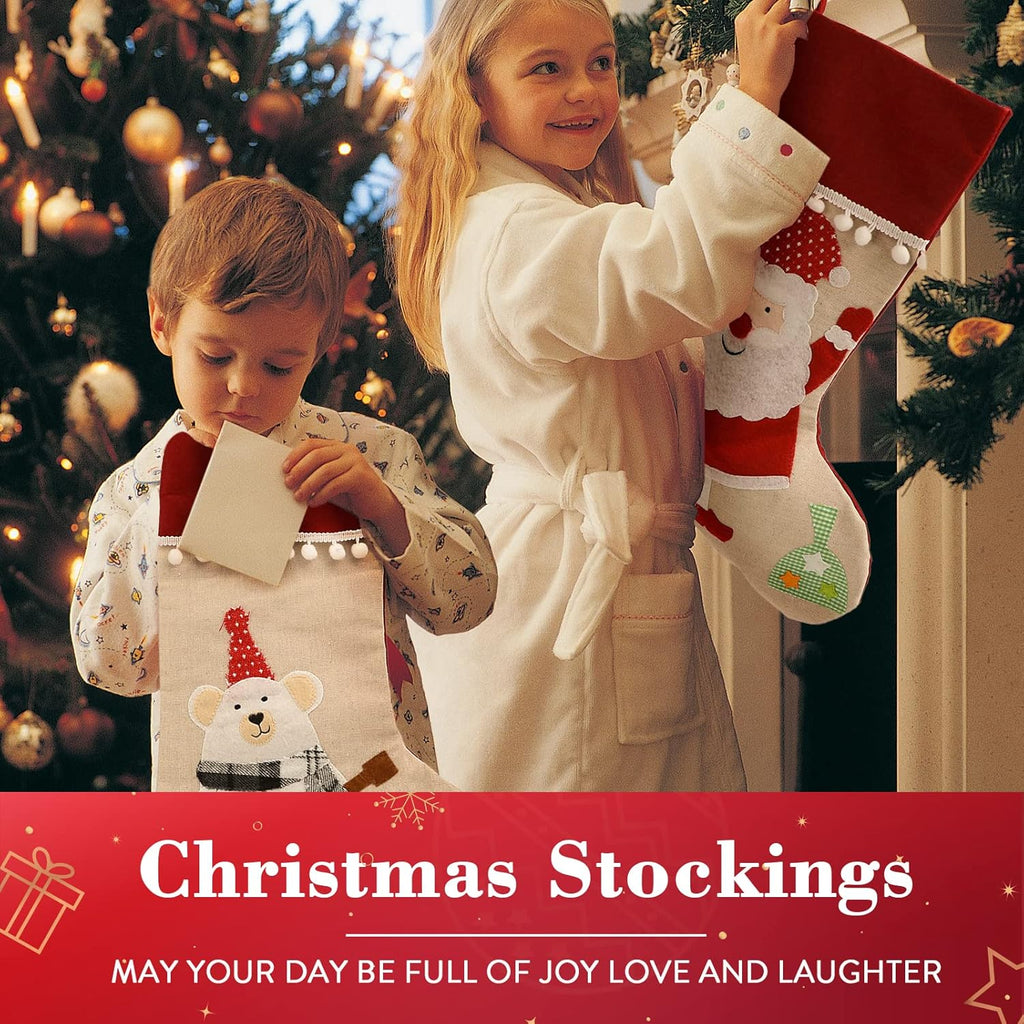 Christmas Stockings 4 Pack, 18'' Large Xmas Stockings with Santa Snowman Gnomes Pattern, Christmas Stockings for Family Stairs Fireplace Tree Hanging Home Decorations Party Season Decor