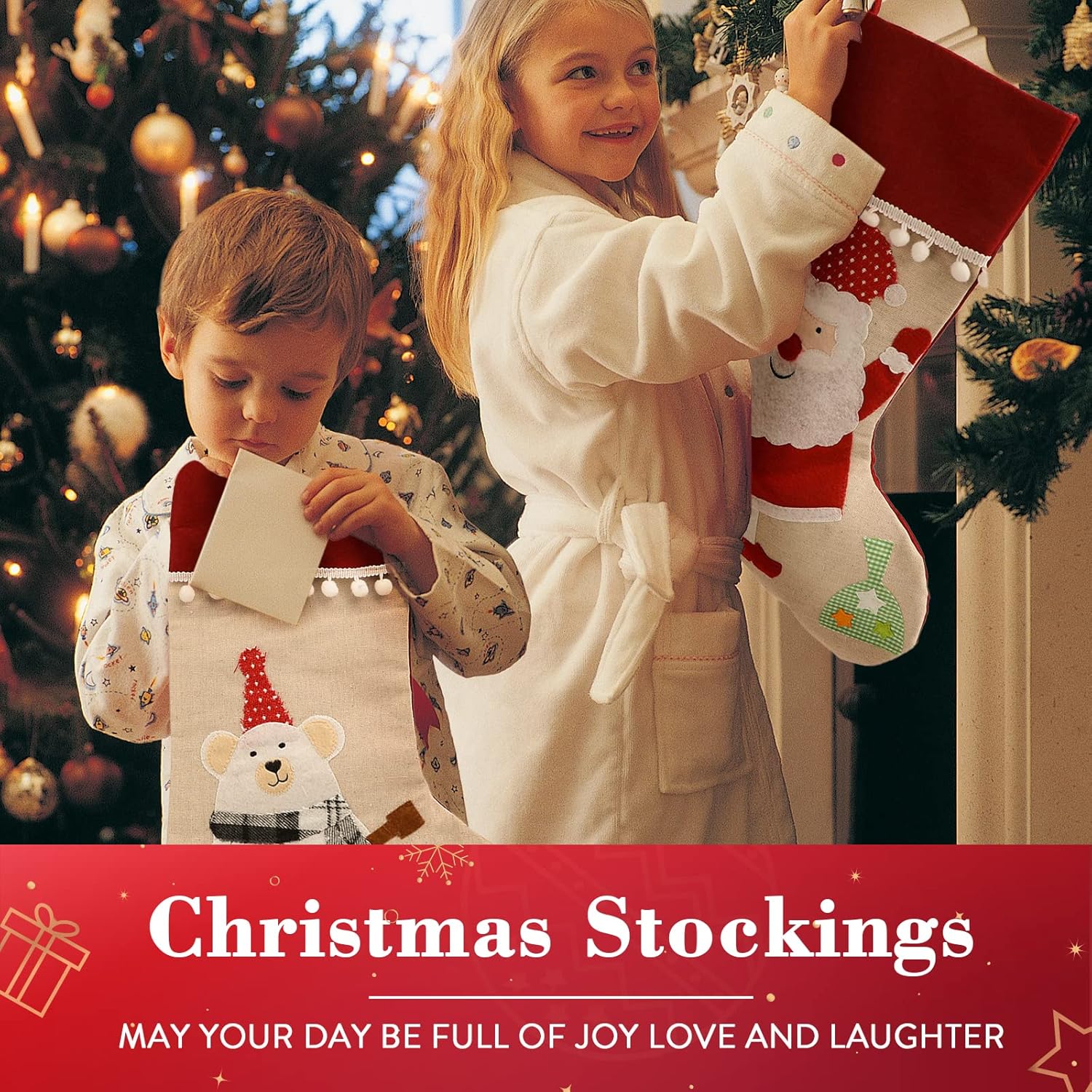 Christmas Stockings 4 Pack, 18'' Large Xmas Stockings with Santa Snowman Gnomes Pattern, Christmas Stockings for Family Stairs Fireplace Tree Hanging Home Decorations Party Season Decor