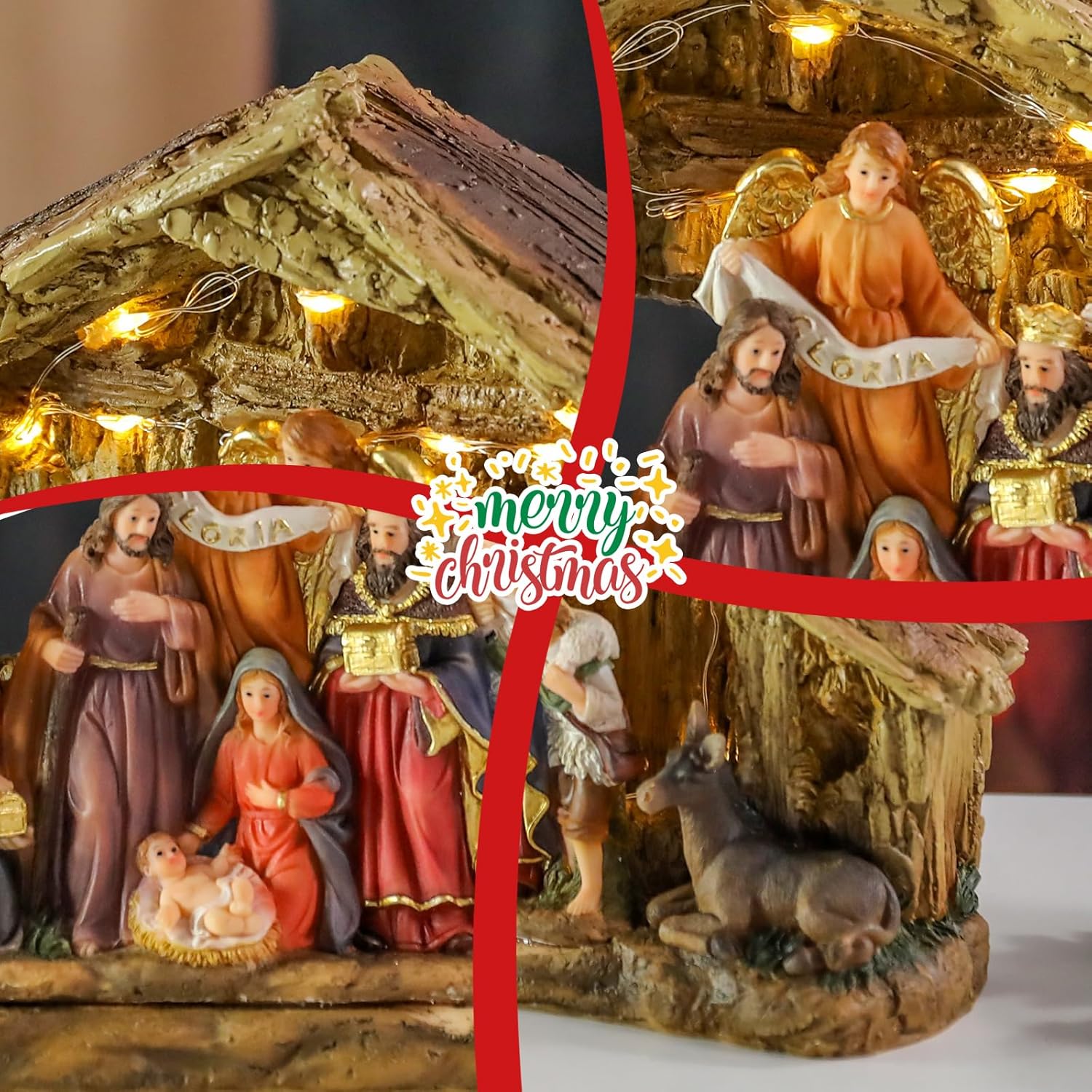 Bdor Nativity Scene Christmas Decoration, 11.4x3.5x7 Inch Lighted Jesus Birth Display, Holy Family Christmas Tabletop Decoration, Electric Manger Scene with LED Lights
