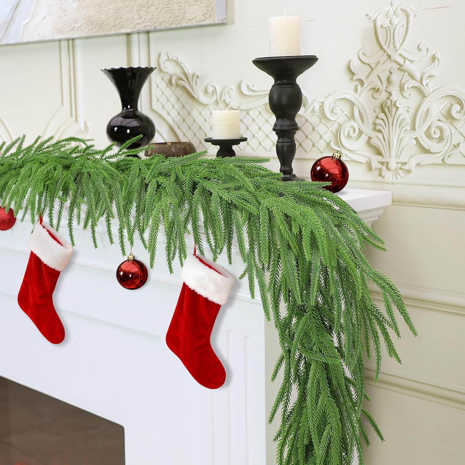 Christmas Garland, 9FT Artificial Norfolk Pine Garland, Real Touch Pine Garland, 96 Branches Christmas Garland for Mantle, Staircase, Banister, Indoor, Outdoor Christmas Decorations