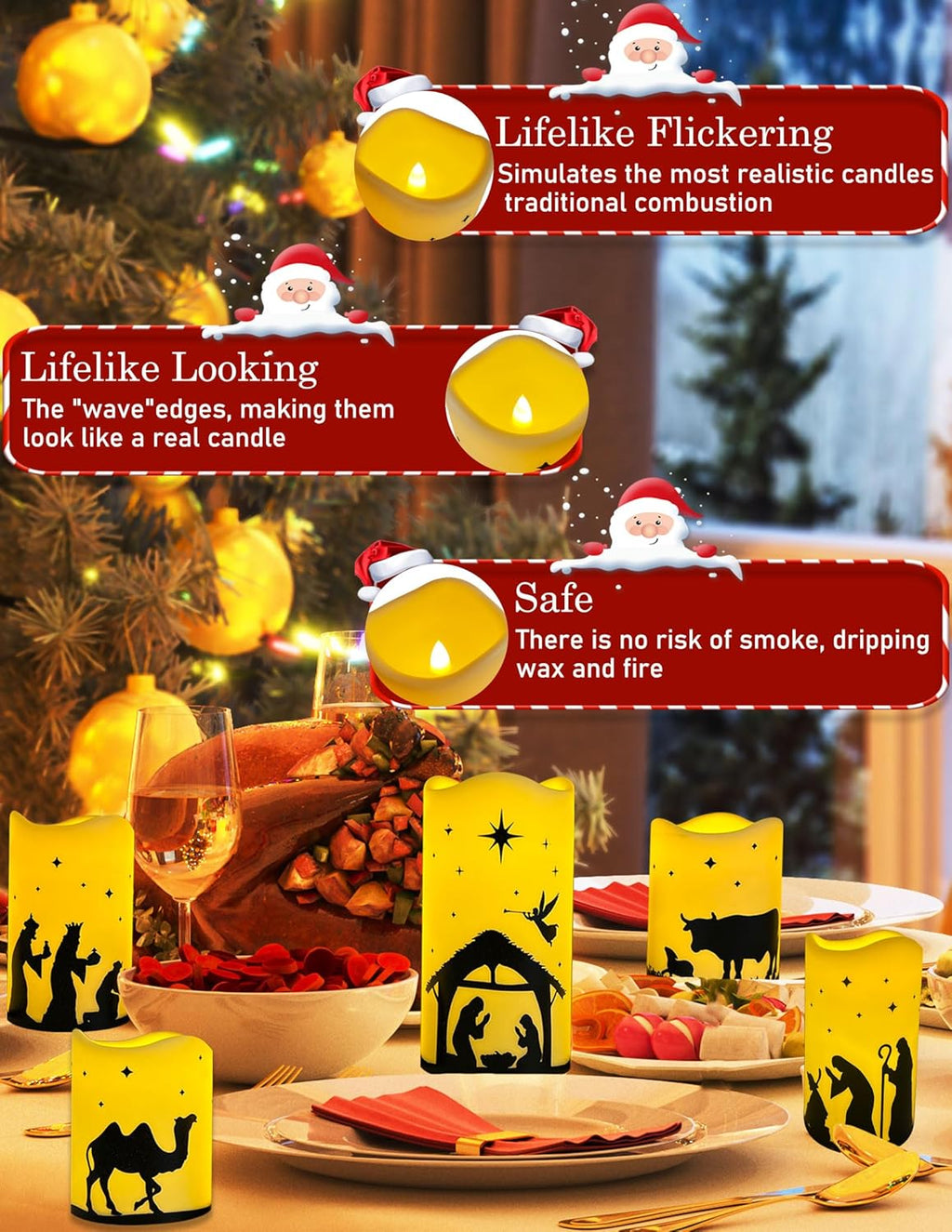 5 Pcs Flameless Christmas Nativity Scene Candles with Timer, Nativity Scene Set Candles Christmas Decorations Indoor Outdoor, Flickering LED Religious Candle for Home Holiday Decor