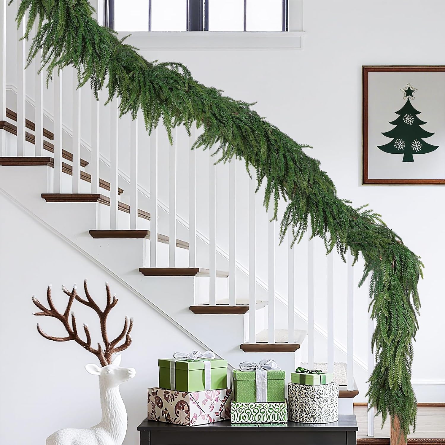 12FT（2 * 6FT） Christmas Norfolk Pine Garland, Real Touch Faux Green Garlands, Winter Artificial Greenery Garland for Mantle, Stairs, Table, Fireplace, Indoor & Outdoor Xmas Decorations