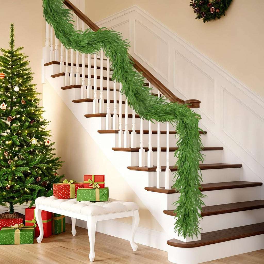 Christmas Garland, 9FT Artificial Norfolk Pine Garland, Real Touch Pine Garland, 96 Branches Christmas Garland for Mantle, Staircase, Banister, Indoor, Outdoor Christmas Decorations