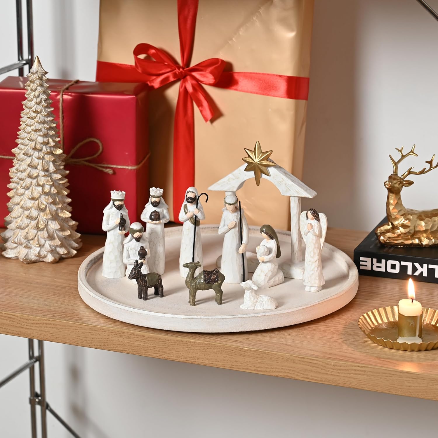 White Nativity Set for Kids, Resin Small Christmas Nativity Figurine, 11Pcs Miniature Nativity Scene, Modern Holy Family Manger Scene Tabletop Nativity Figurines for Christmas Indoor Decor