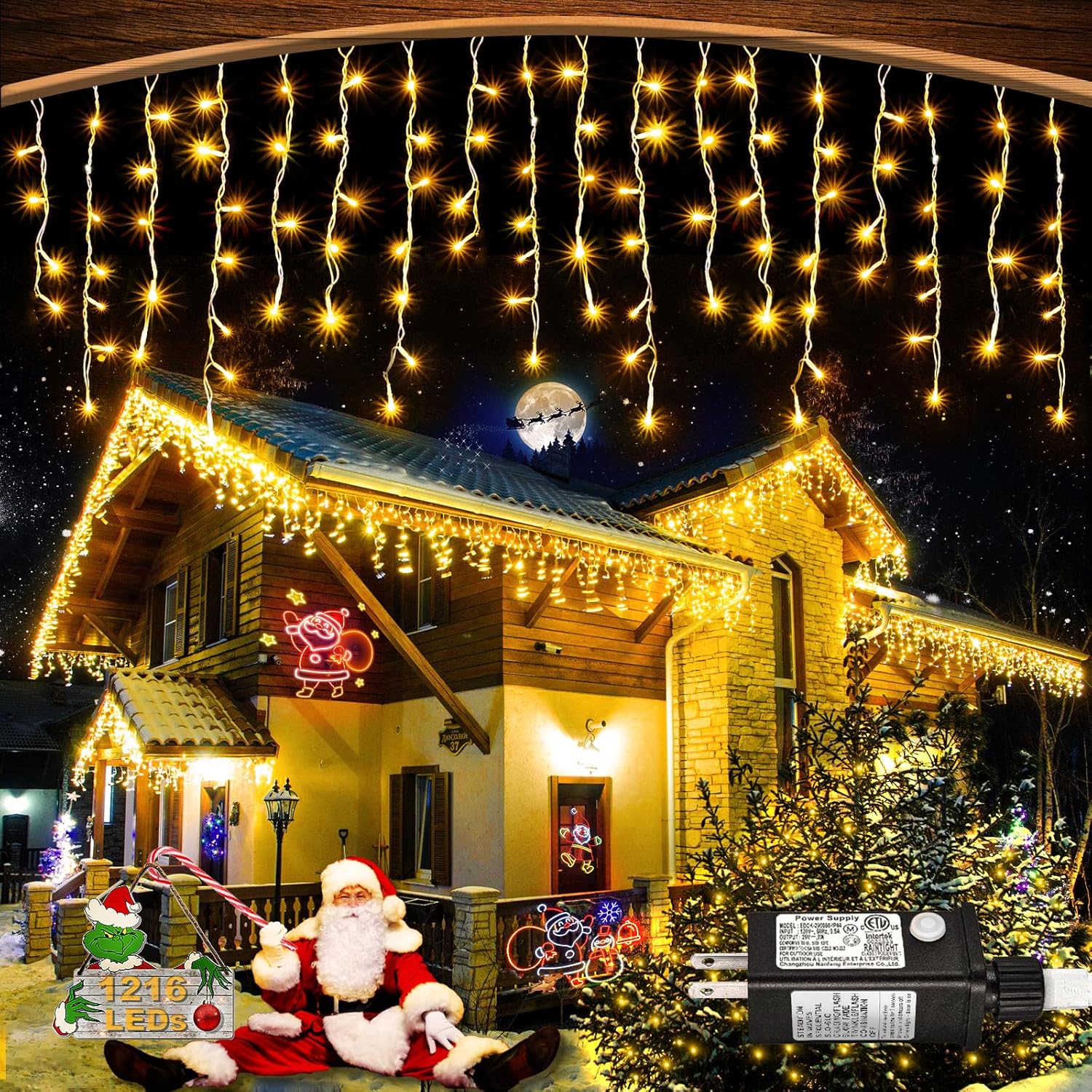 Warm White Christmas Lights Outdoor, 66ft 640 LED Icicle Lights for Outside House with Connectable Clear Wire 8 Modes Timer, Plug in Waterproof for Eaves Yard Party Indoor Holiday Decoration