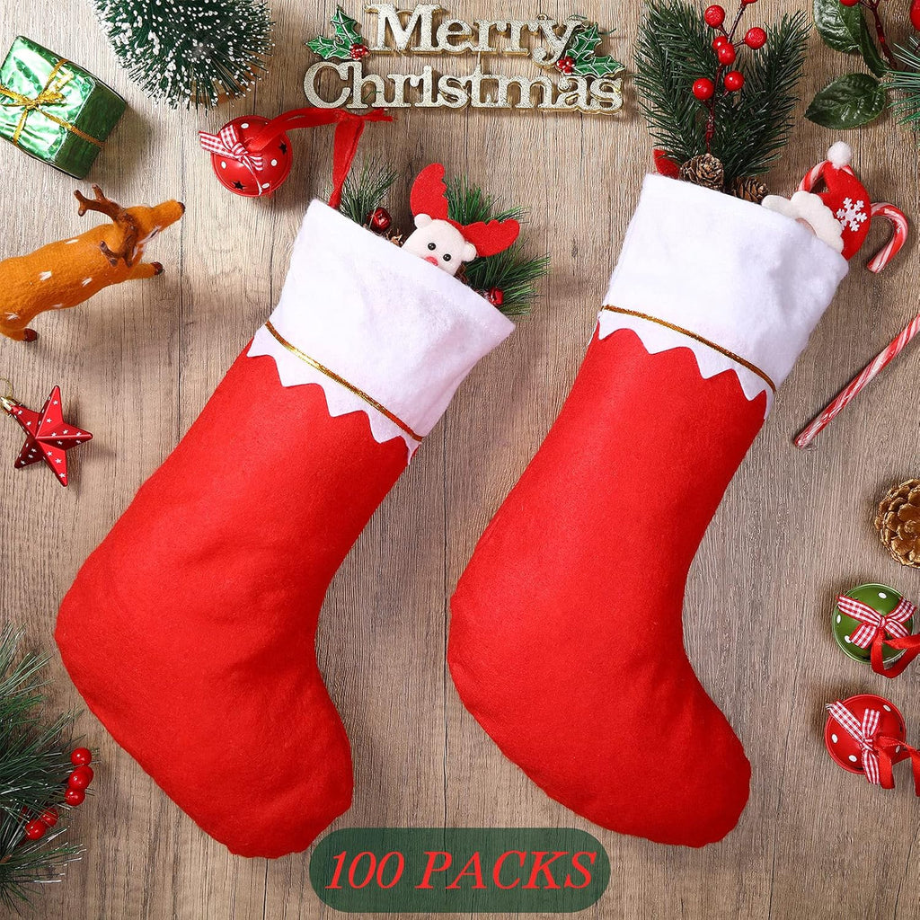 Sumind 100 Pieces Felt Christmas Stockings 15 Inch Party Favors Stockings Xmas Decoration Stockings Rustic Christmas Santa Stockings for Christmas (Red with White Trim)