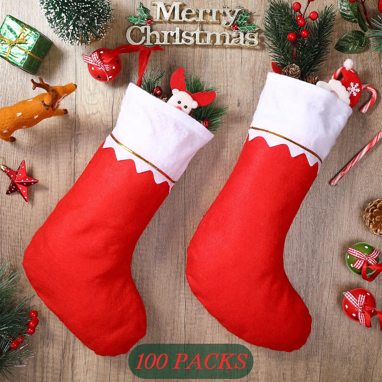 Sumind 100 Pieces Felt Christmas Stockings 15 Inch Party Favors Stockings Xmas Decoration Stockings Rustic Christmas Santa Stockings for Christmas (Red with White Trim)